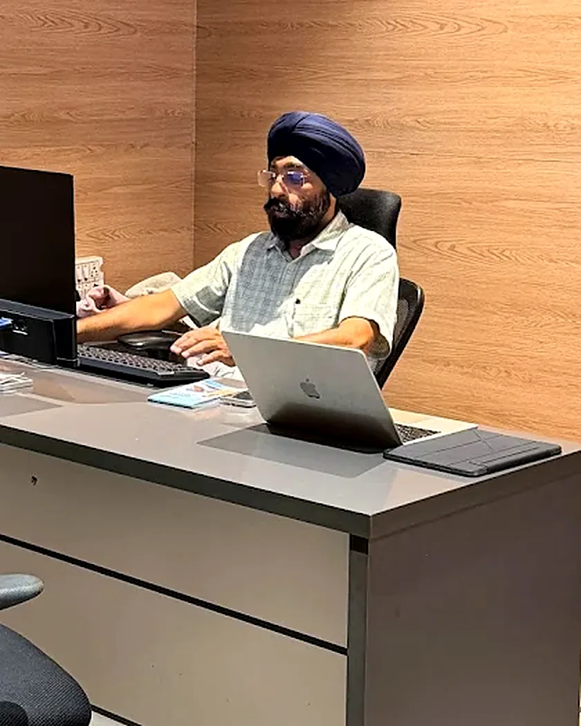 Balwinder Singh, owner of Hemkunt Signage, at his office in Nirankari Colony
